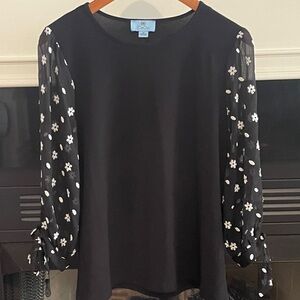CeCe Black Top with Sheer Floral Sleeves, Medium
